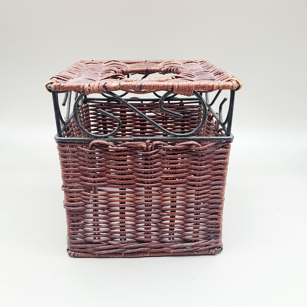 Vintage Boho Brown Wicker & Iron Tissue Box Cover